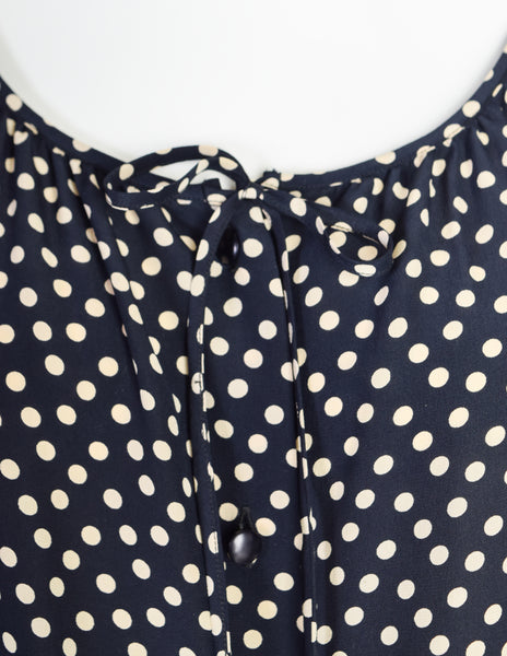 Yves Saint Laurent Vintage 1970s Black Cream Polka Dot Ruffle Epaulette Shirt