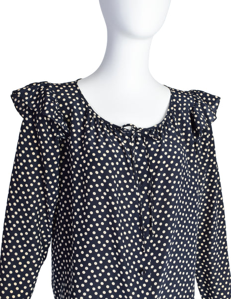 Yves Saint Laurent Vintage 1970s Black Cream Polka Dot Ruffle Epaulette Shirt