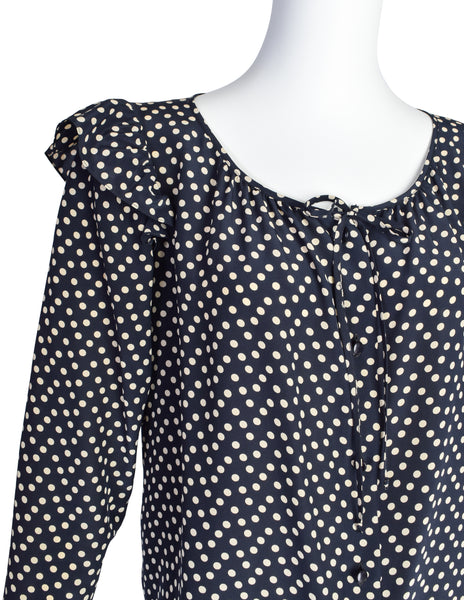 Yves Saint Laurent Vintage 1970s Black Cream Polka Dot Ruffle Epaulette Shirt