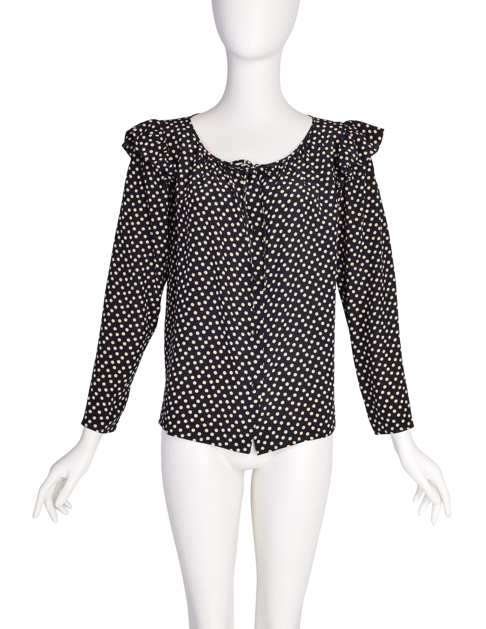 Yves Saint Laurent Vintage 1970s Black Cream Polka Dot Ruffle Epaulette Shirt
