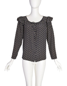 Yves Saint Laurent Vintage 1970s Black Cream Polka Dot Ruffle Epaulette Shirt