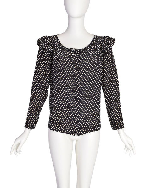 Yves Saint Laurent Vintage 1970s Black Cream Polka Dot Ruffle Epaulette Shirt