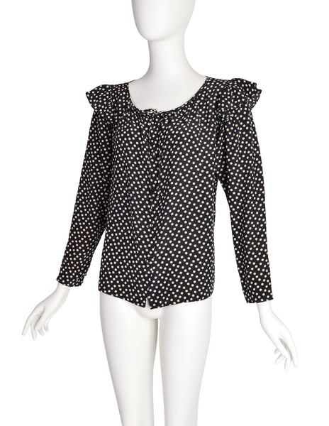 Yves Saint Laurent Vintage 1970s Black Cream Polka Dot Ruffle Epaulette Shirt