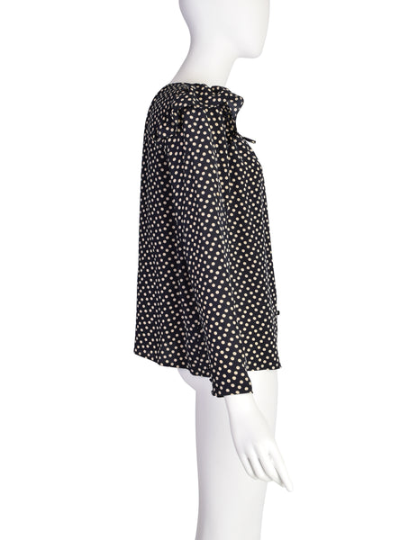Yves Saint Laurent Vintage 1970s Black Cream Polka Dot Ruffle Epaulette Shirt