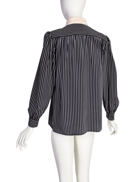 Yves Saint Laurent Vintage Black White Pinstripe Ascot Collared Button Up Shirt
