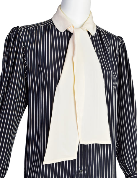 Yves Saint Laurent Vintage Black White Pinstripe Ascot Collared Button Up Shirt