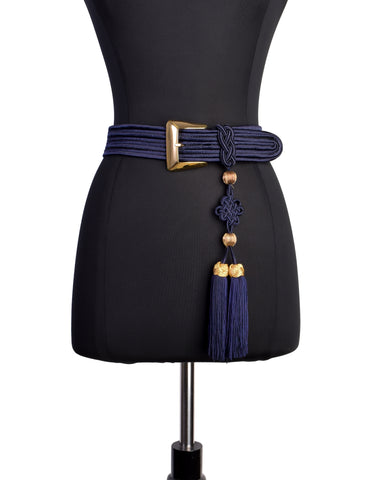 Yves Saint Laurent Vintage Navy Blue Gold Silken Passementerie Tassel Belt