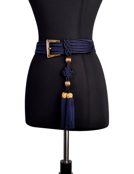 Yves Saint Laurent Vintage Navy Blue Gold Silken Passementerie Tassel Belt