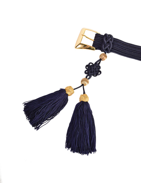 Yves Saint Laurent Vintage Navy Blue Gold Silken Passementerie Tassel Belt