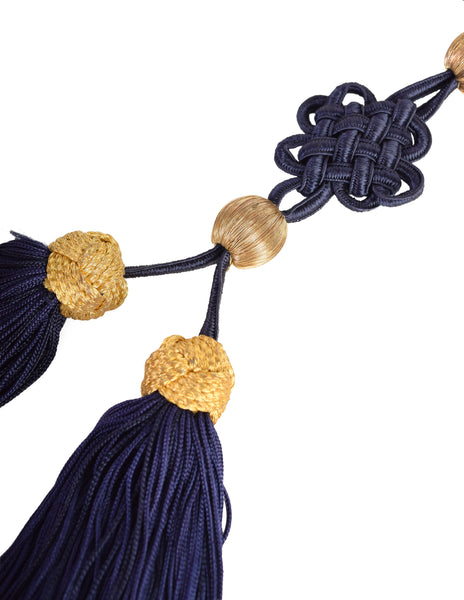 Yves Saint Laurent Vintage Navy Blue Gold Silken Passementerie Tassel Belt