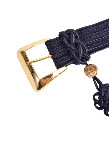 Yves Saint Laurent Vintage Navy Blue Gold Silken Passementerie Tassel Belt
