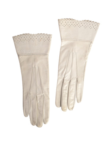 Yves Saint Laurent Vintage 1970s Off White Perforated Scalloped Leather Gloves