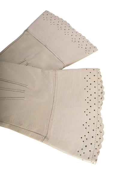 Yves Saint Laurent Vintage 1970s Off White Perforated Scalloped Leather Gloves