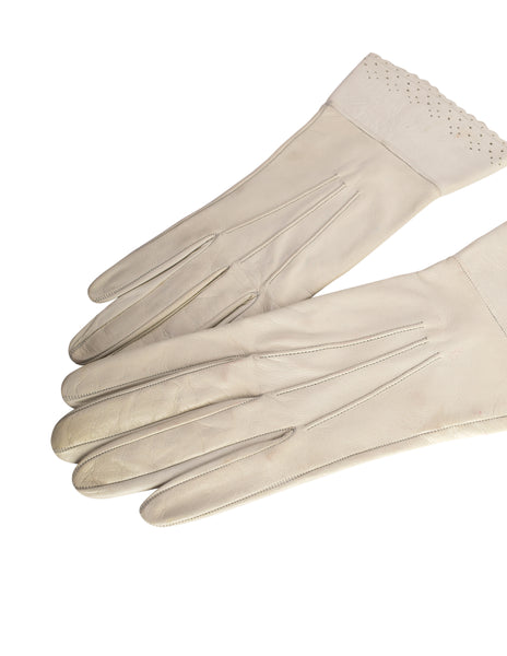 Yves Saint Laurent Vintage 1970s Off White Perforated Scalloped Leather Gloves