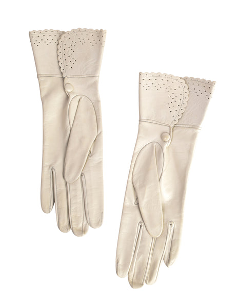 Yves Saint Laurent Vintage 1970s Off White Perforated Scalloped Leather Gloves