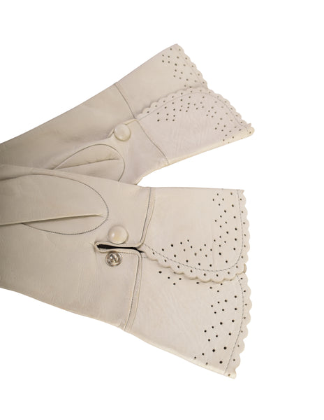 Yves Saint Laurent Vintage 1970s Off White Perforated Scalloped Leather Gloves