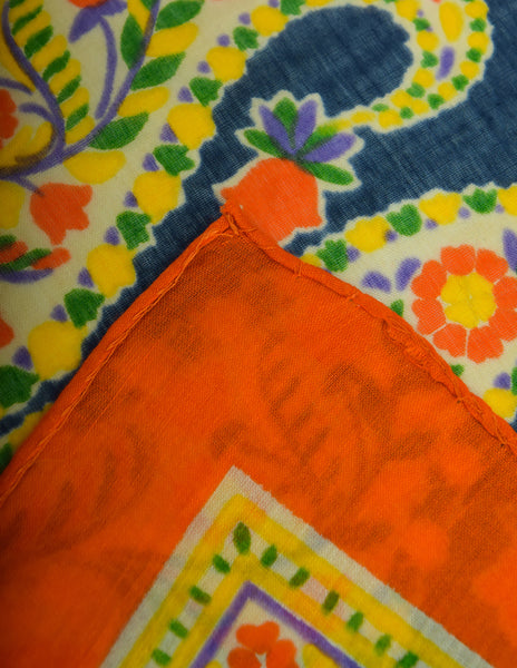 Yves Saint Laurent Vintage 1970s Orange Navy Paisley Cotton Scarf