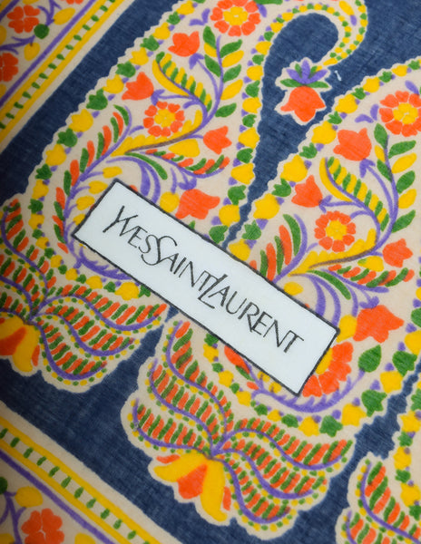 Yves Saint Laurent Vintage 1970s Orange Navy Paisley Cotton Scarf