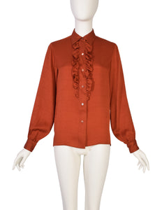 Yves Saint Laurent Vintage 1970s Rust Orange Ruffle Silk Jacquard Shirt
