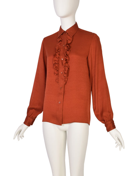 Yves Saint Laurent Vintage 1970s Rust Orange Ruffle Silk Jacquard Shirt