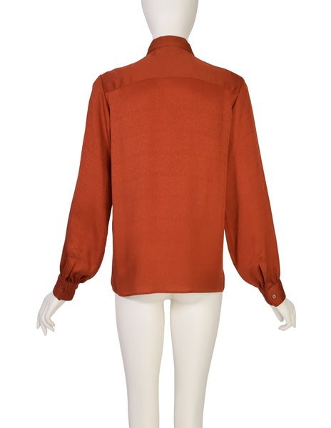 Yves Saint Laurent Vintage 1970s Rust Orange Ruffle Silk Jacquard Shirt