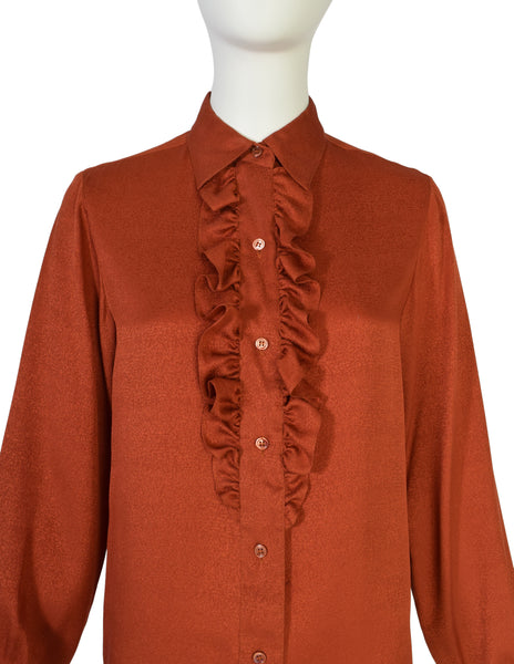 Yves Saint Laurent Vintage 1970s Rust Orange Ruffle Silk Jacquard Shirt