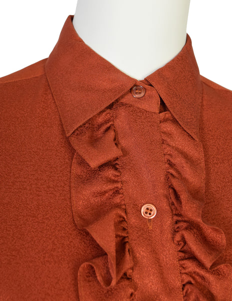 Yves Saint Laurent Vintage 1970s Rust Orange Ruffle Silk Jacquard Shirt
