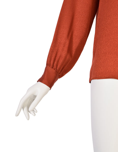 Yves Saint Laurent Vintage 1970s Rust Orange Ruffle Silk Jacquard Shirt