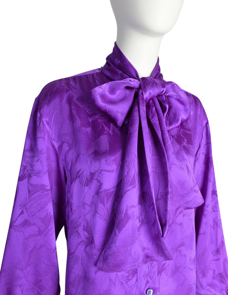 Yves Saint Laurent Vintage 1980s Purple Brushstroke Silk Jacquard Lavalliere Shirt