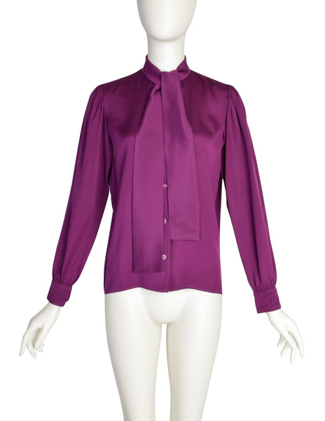 Yves Saint Laurent Vintage 1970s Plum Purple Ribbed Silk Button Up Lavalliere Shirt