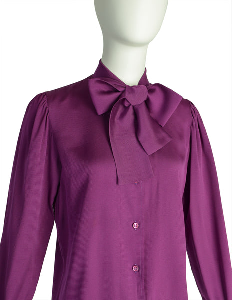 Yves Saint Laurent Vintage 1970s Plum Purple Ribbed Silk Button Up Lavalliere Shirt