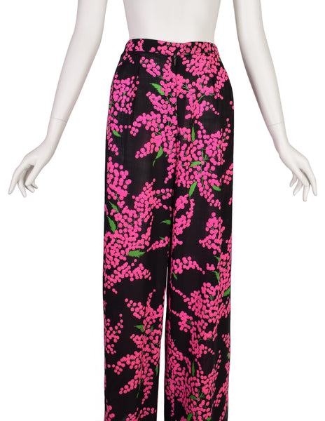 Yves Saint Laurent Vintage 1970s Black Pink Floral Wool Crepe High Waist Wide Leg Pants