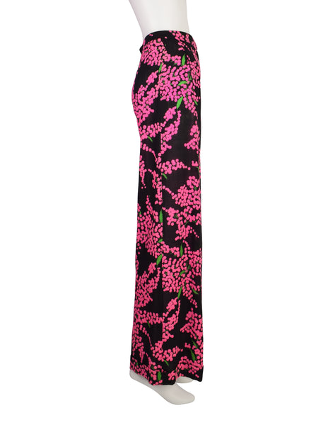 Yves Saint Laurent Vintage 1970s Black Pink Floral Wool Crepe High Waist Wide Leg Pants