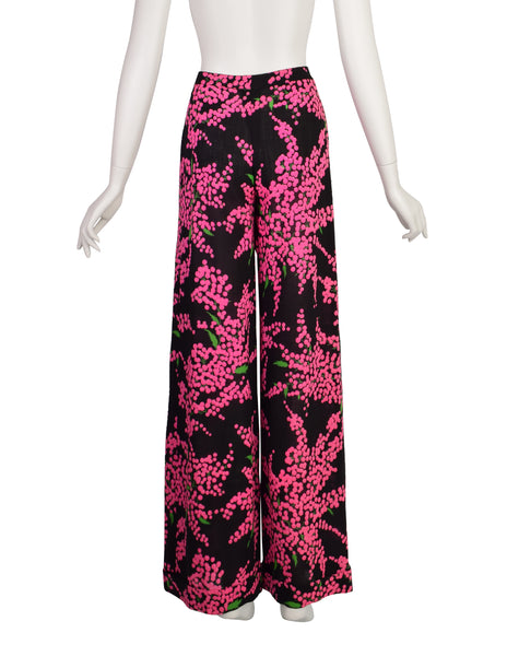 Yves Saint Laurent Vintage 1970s Black Pink Floral Wool Crepe High Waist Wide Leg Pants