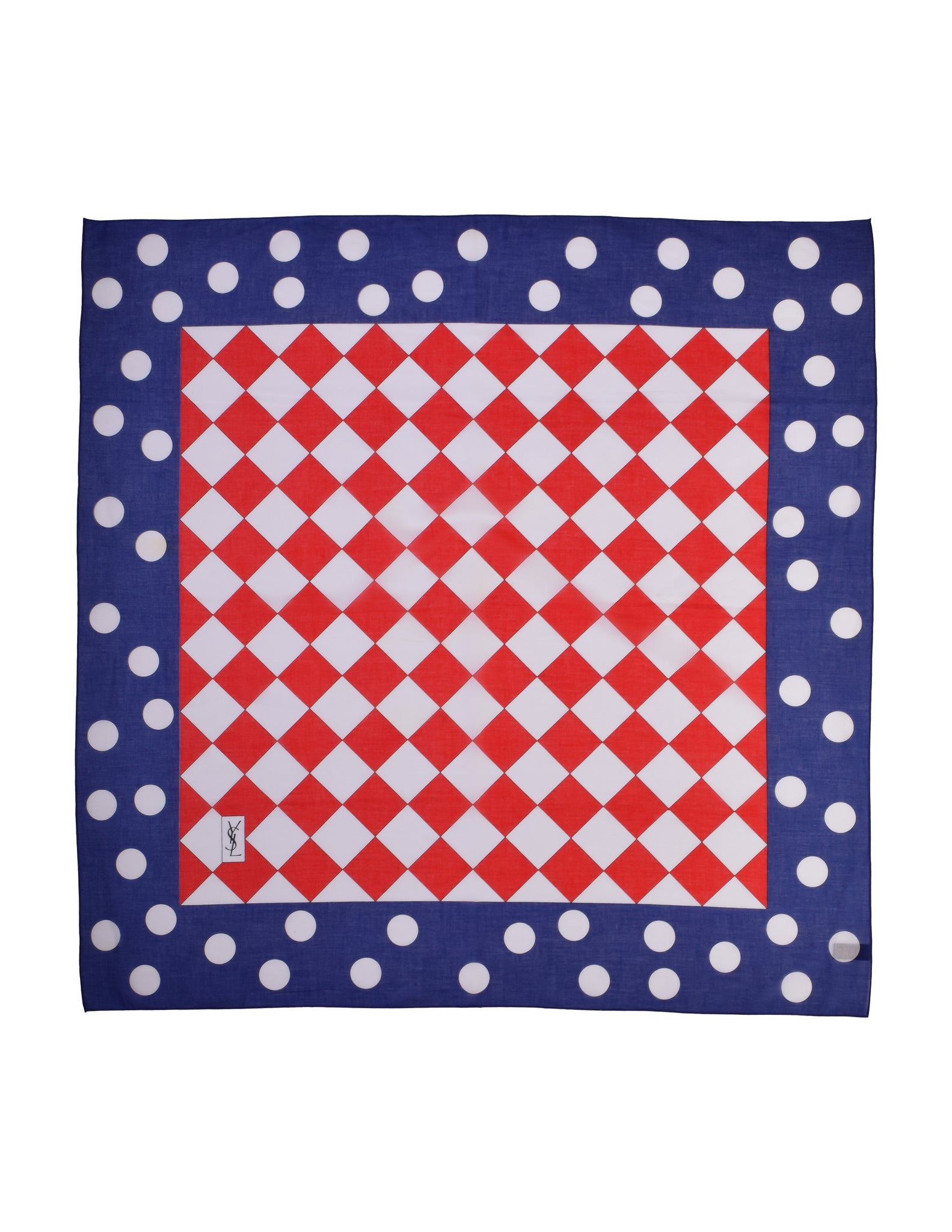 Yves Saint Laurent Vintage Red White Blue Harlequin Checkerboard Polka Dot Cotton Scarf
