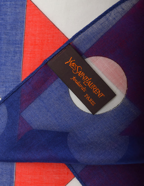 Yves Saint Laurent Vintage Red White Blue Harlequin Checkerboard Polka Dot Cotton Scarf