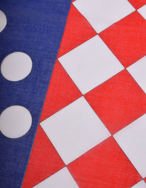 Yves Saint Laurent Vintage Red White Blue Harlequin Checkerboard Polka Dot Cotton Scarf