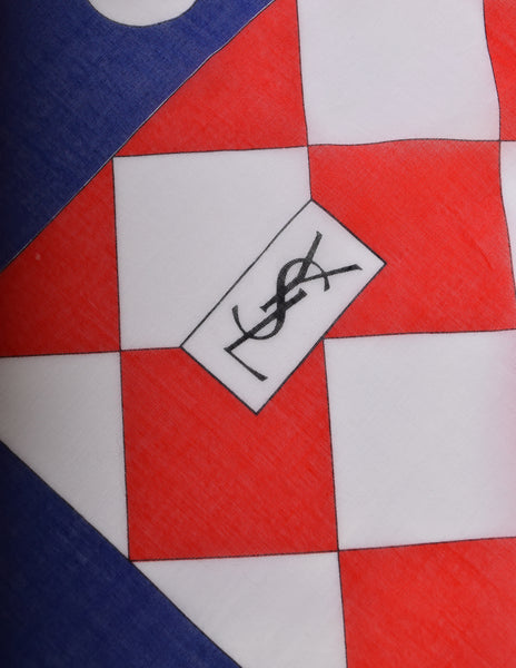 Yves Saint Laurent Vintage Red White Blue Harlequin Checkerboard Polka Dot Cotton Scarf