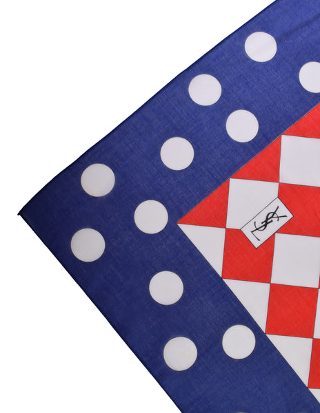 Yves Saint Laurent Vintage Red White Blue Harlequin Checkerboard Polka Dot Cotton Scarf