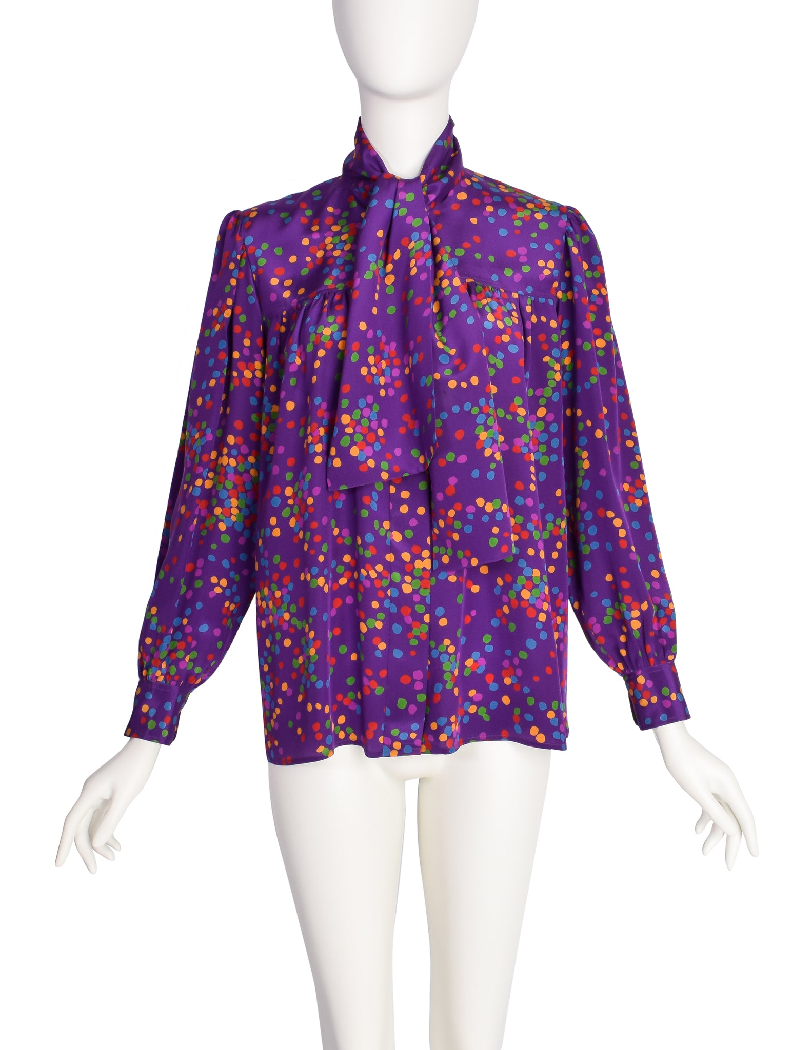 Yves Saint Laurent Vintage SS 1984 Purple Multicolor Confetti Dot Print Silk Lavalliere Shirt