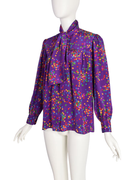 Yves Saint Laurent Vintage SS 1984 Purple Multicolor Confetti Dot Print Silk Lavalliere Shirt