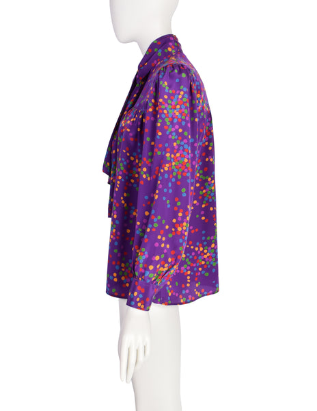 Yves Saint Laurent Vintage SS 1984 Purple Multicolor Confetti Dot Print Silk Lavalliere Shirt