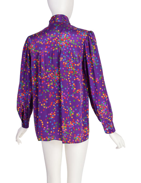 Yves Saint Laurent Vintage SS 1984 Purple Multicolor Confetti Dot Print Silk Lavalliere Shirt