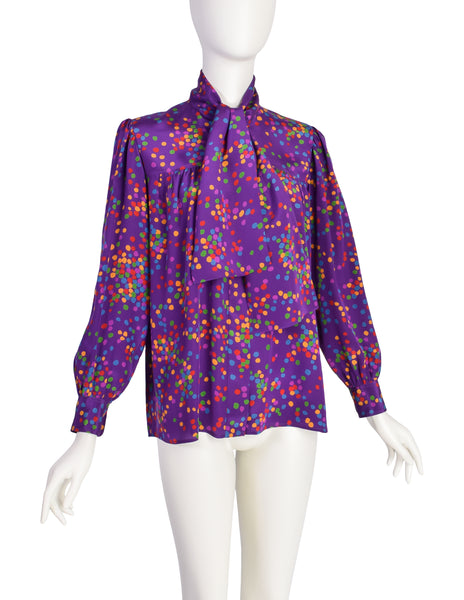 Yves Saint Laurent Vintage SS 1984 Purple Multicolor Confetti Dot Print Silk Lavalliere Shirt