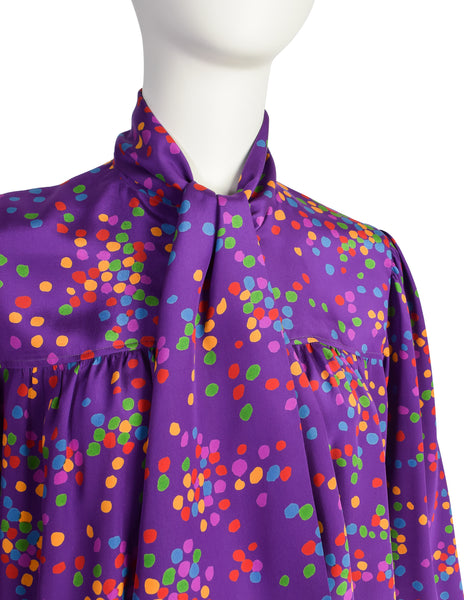 Yves Saint Laurent Vintage SS 1984 Purple Multicolor Confetti Dot Print Silk Lavalliere Shirt