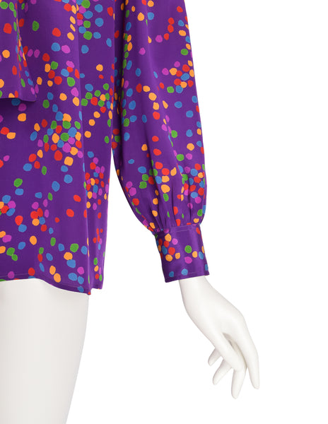 Yves Saint Laurent Vintage SS 1984 Purple Multicolor Confetti Dot Print Silk Lavalliere Shirt