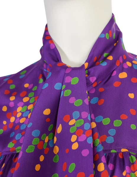 Yves Saint Laurent Vintage SS 1984 Purple Multicolor Confetti Dot Print Silk Lavalliere Shirt