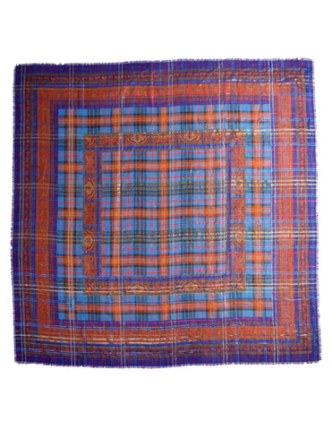 Yves Saint Laurent Vintage AW 1982 Purple Multicolor Metallic Paisley Plaid Oversized Wool Scarf