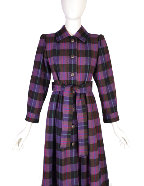 Yves Saint Laurent Vintage AW 1980 Purple Plaid Wool Tie Waist Coat