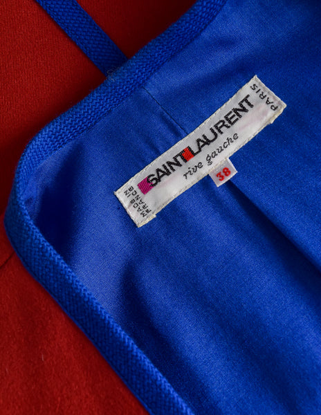 Yves Saint Laurent Vintage Red Wool Blue Trim Two Piece Cropped Jacket Pant Suit